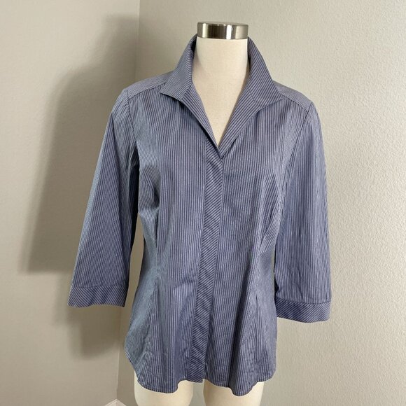 Lafayette 148 Womens 10 Blue Striped Button Up Shirt Blouse 3/4 Sleeve Top - Picture 1 of 11